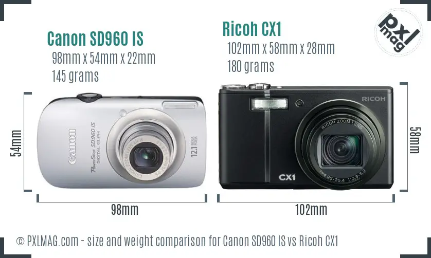 Canon SD960 IS vs Ricoh CX1 size comparison