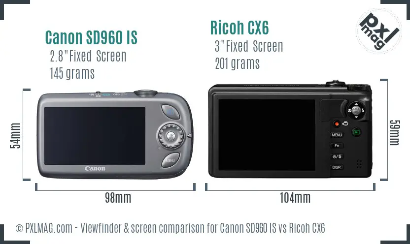 Canon SD960 IS vs Ricoh CX6 Screen and Viewfinder comparison