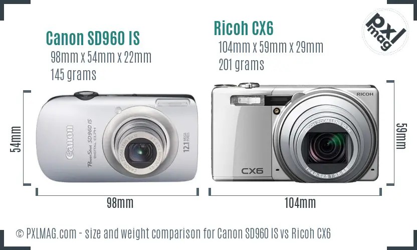 Canon SD960 IS vs Ricoh CX6 size comparison