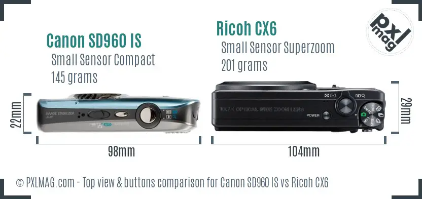 Canon SD960 IS vs Ricoh CX6 top view buttons comparison