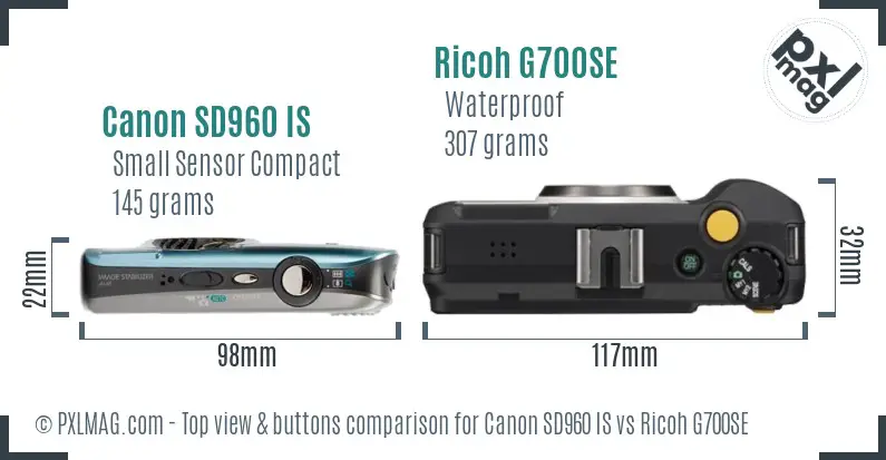 Canon SD960 IS vs Ricoh G700SE top view buttons comparison