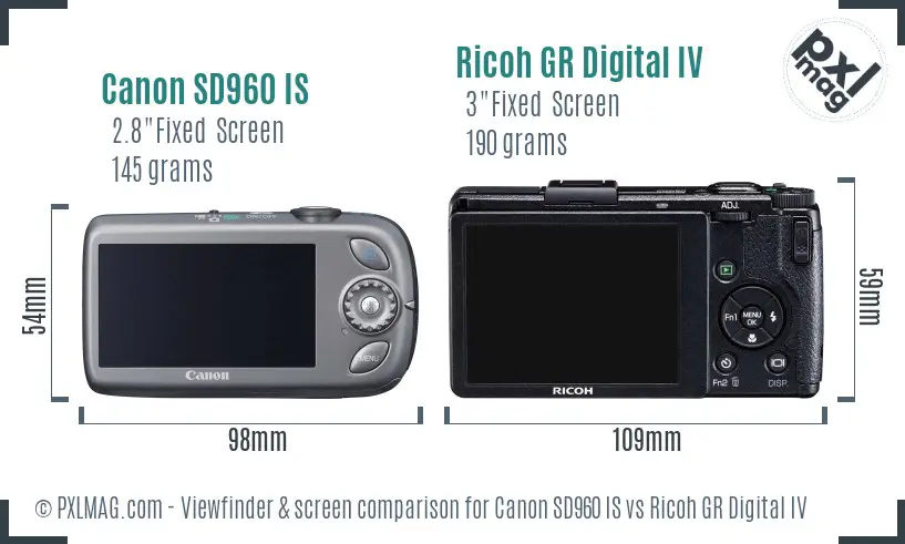 Canon SD960 IS vs Ricoh GR Digital IV Screen and Viewfinder comparison