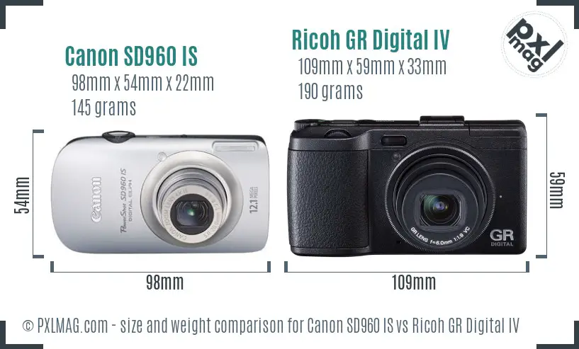 Canon SD960 IS vs Ricoh GR Digital IV size comparison