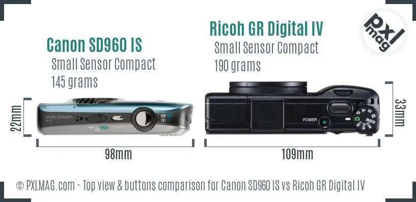 Canon SD960 IS vs Ricoh GR Digital IV top view buttons comparison