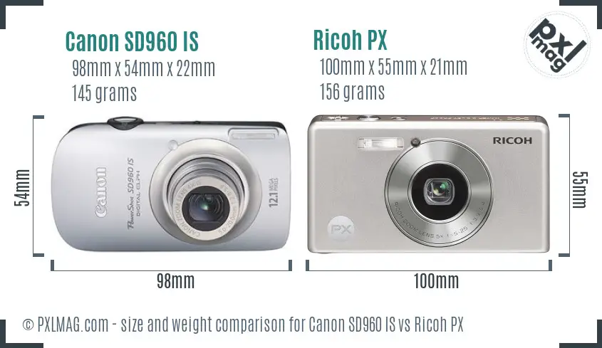 Canon SD960 IS vs Ricoh PX size comparison