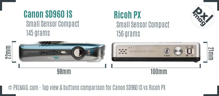Canon SD960 IS vs Ricoh PX top view buttons comparison
