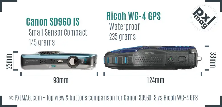 Canon SD960 IS vs Ricoh WG-4 GPS top view buttons comparison