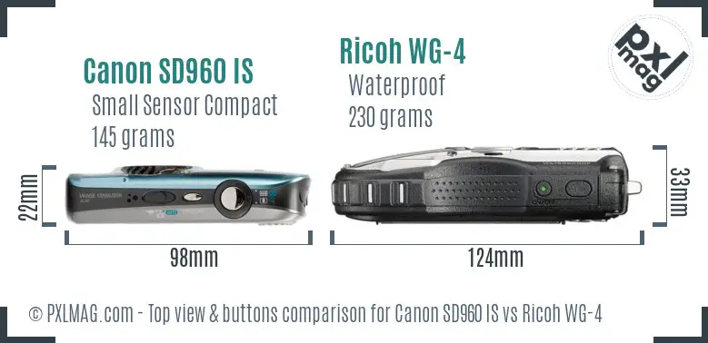 Canon SD960 IS vs Ricoh WG-4 top view buttons comparison