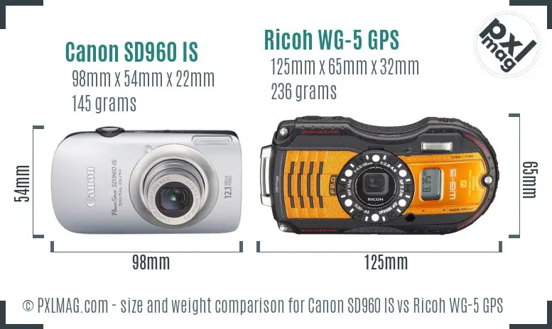 Canon SD960 IS vs Ricoh WG-5 GPS size comparison