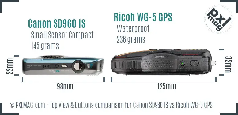 Canon SD960 IS vs Ricoh WG-5 GPS top view buttons comparison