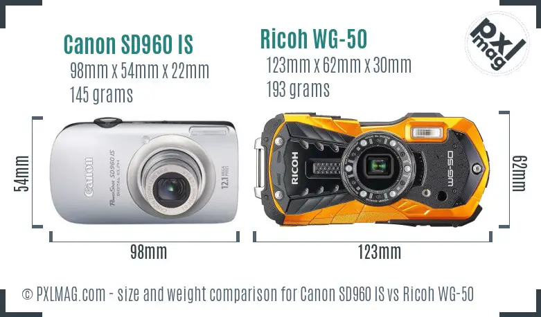 Canon SD960 IS vs Ricoh WG-50 size comparison