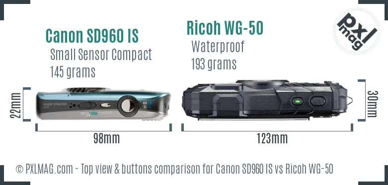 Canon SD960 IS vs Ricoh WG-50 top view buttons comparison