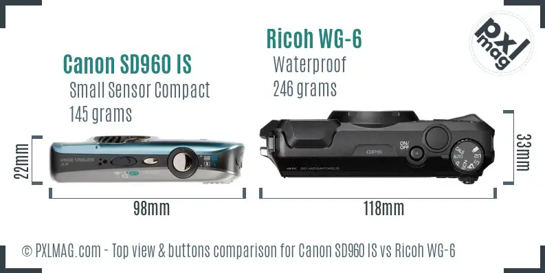 Canon SD960 IS vs Ricoh WG-6 top view buttons comparison