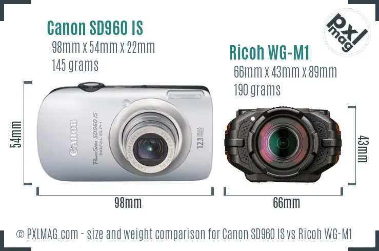 Canon SD960 IS vs Ricoh WG-M1 size comparison