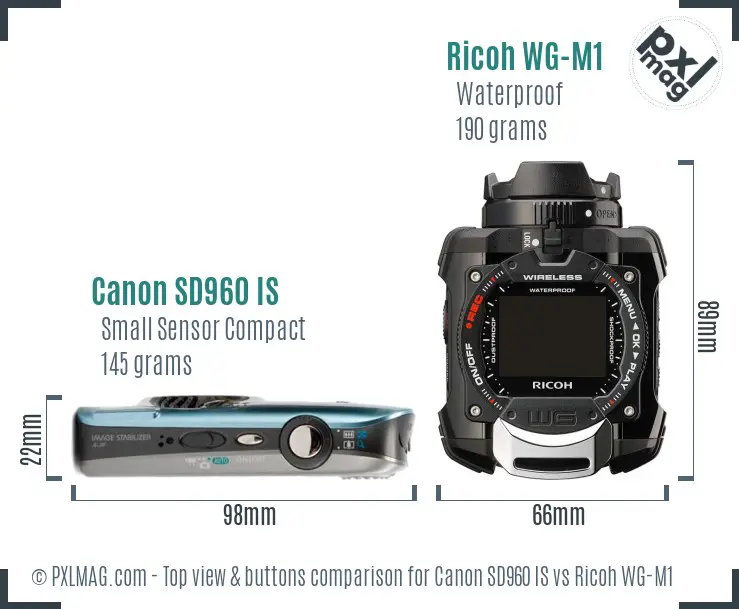 Canon SD960 IS vs Ricoh WG-M1 top view buttons comparison