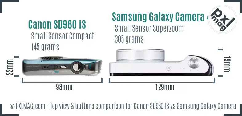 Canon SD960 IS vs Samsung Galaxy Camera 4G top view buttons comparison