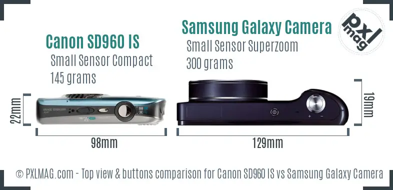 Canon SD960 IS vs Samsung Galaxy Camera top view buttons comparison