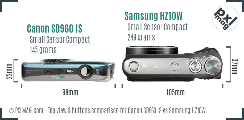 Canon SD960 IS vs Samsung HZ10W top view buttons comparison Canon SD960 IS vs Samsung HZ10W top view buttons comparison