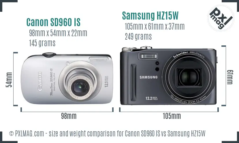 Canon SD960 IS vs Samsung HZ15W size comparison