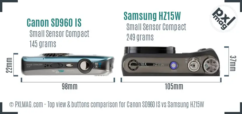 Canon SD960 IS vs Samsung HZ15W top view buttons comparison