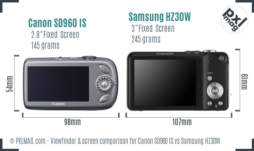 Canon SD960 IS vs Samsung HZ30W Screen and Viewfinder comparison