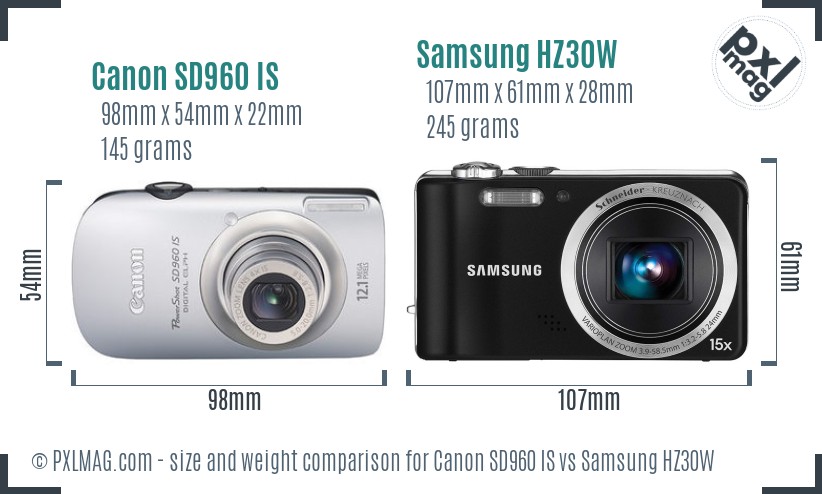 Canon SD960 IS vs Samsung HZ30W size comparison