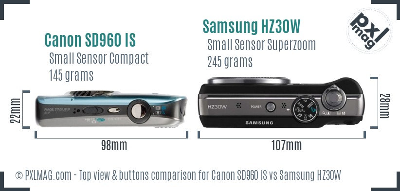 Canon SD960 IS vs Samsung HZ30W top view buttons comparison