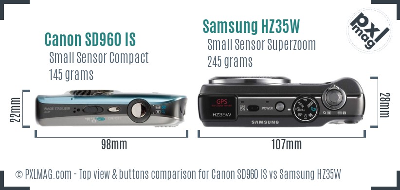 Canon SD960 IS vs Samsung HZ35W top view buttons comparison