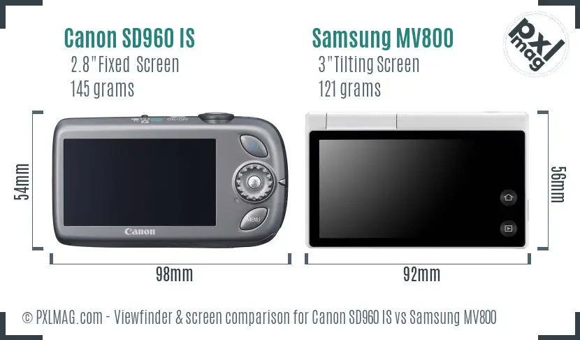 Canon SD960 IS vs Samsung MV800 Screen and Viewfinder comparison