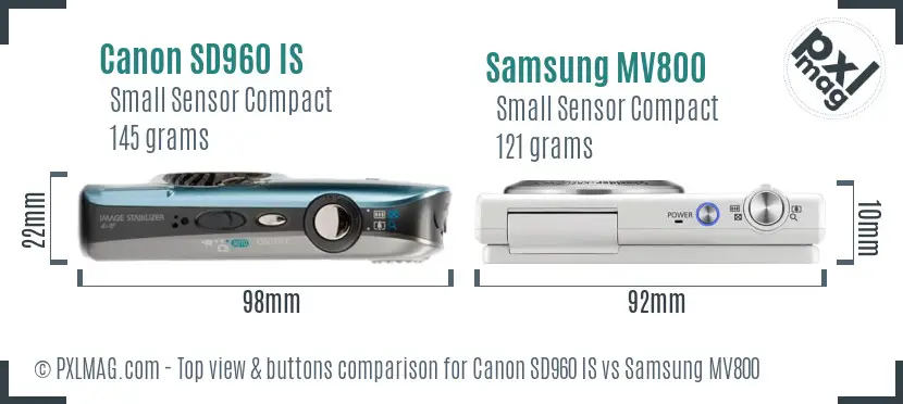 Canon SD960 IS vs Samsung MV800 top view buttons comparison