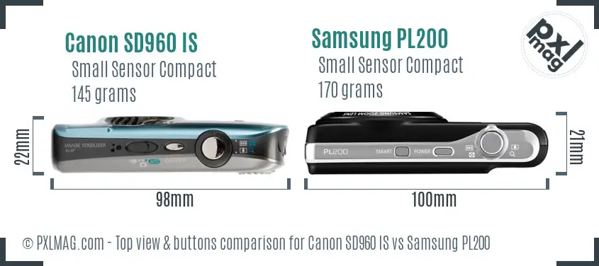 Canon SD960 IS vs Samsung PL200 top view buttons comparison Canon SD960 IS vs Samsung PL200 top view buttons comparison