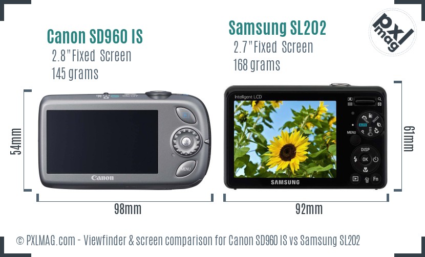 Canon SD960 IS vs Samsung SL202 Screen and Viewfinder comparison