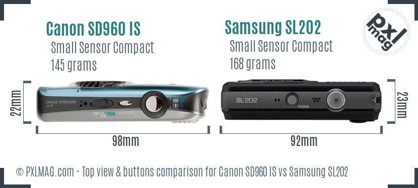 Canon SD960 IS vs Samsung SL202 top view buttons comparison