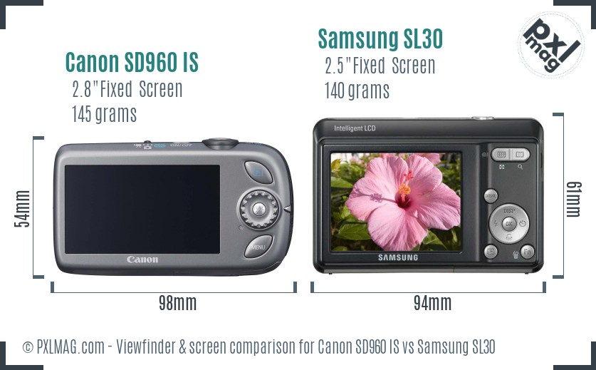 Canon SD960 IS vs Samsung SL30 Screen and Viewfinder comparison