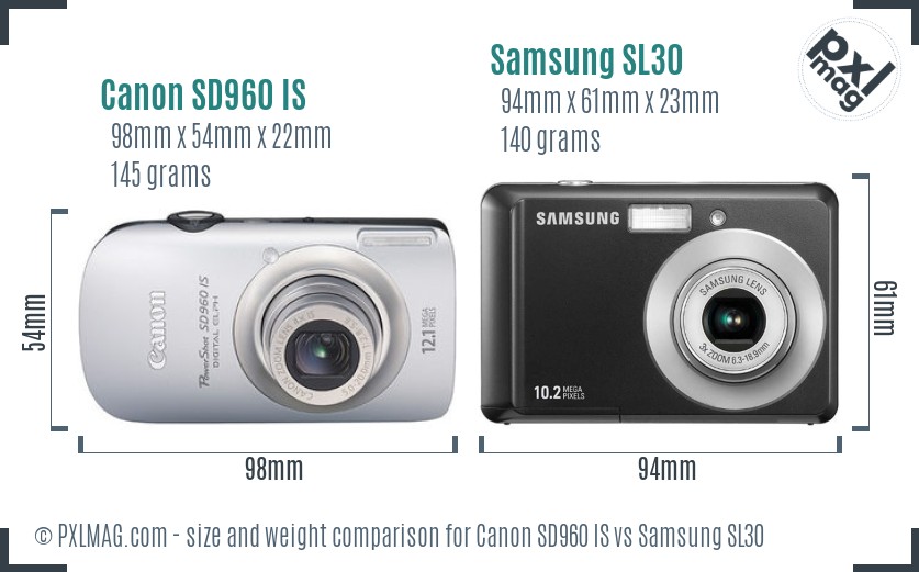 Canon SD960 IS vs Samsung SL30 size comparison