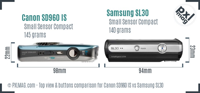 Canon SD960 IS vs Samsung SL30 top view buttons comparison