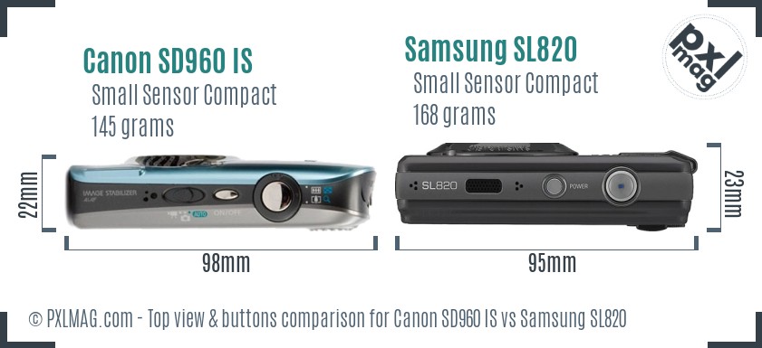 Canon SD960 IS vs Samsung SL820 top view buttons comparison