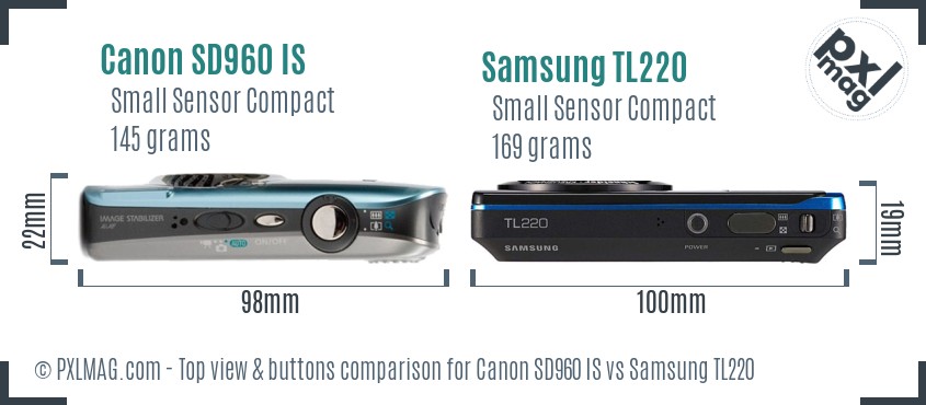 Canon SD960 IS vs Samsung TL220 top view buttons comparison