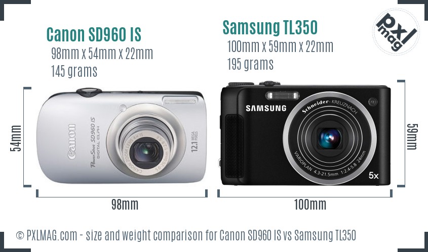Canon SD960 IS vs Samsung TL350 size comparison
