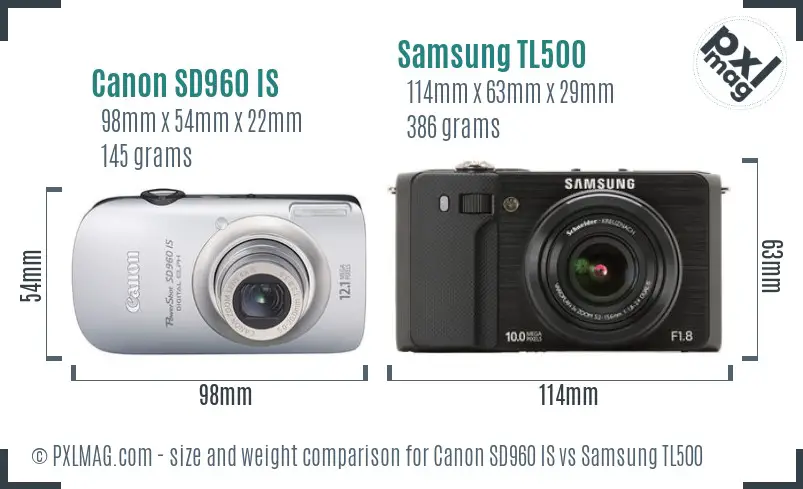 Canon SD960 IS vs Samsung TL500 size comparison