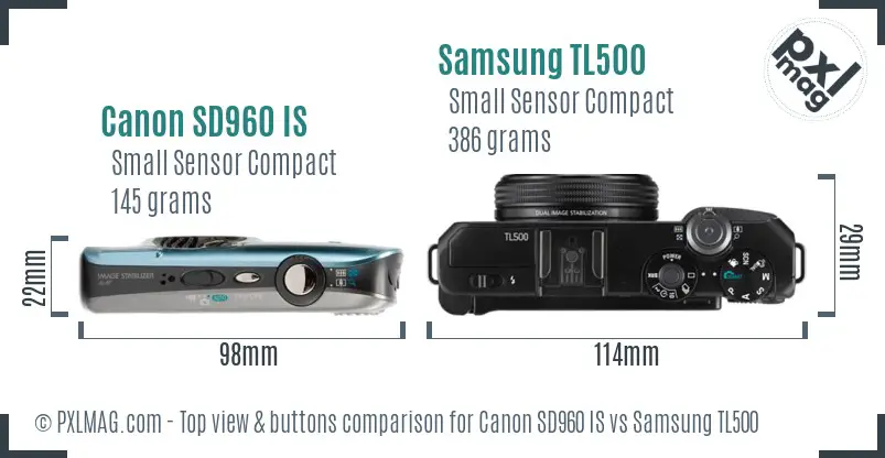 Canon SD960 IS vs Samsung TL500 top view buttons comparison