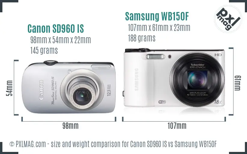 Canon SD960 IS vs Samsung WB150F size comparison