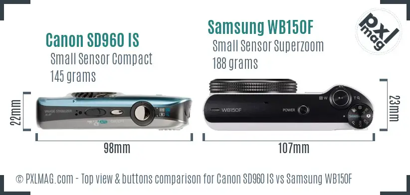 Canon SD960 IS vs Samsung WB150F top view buttons comparison