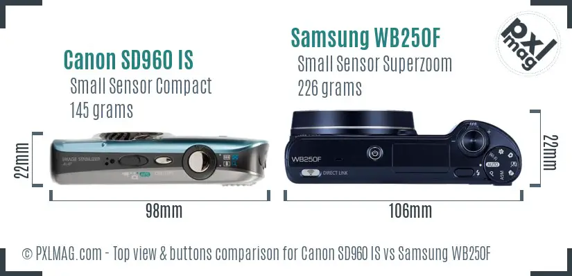 Canon SD960 IS vs Samsung WB250F top view buttons comparison Canon SD960 IS vs Samsung WB250F top view buttons comparison