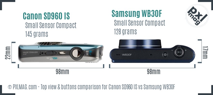 Canon SD960 IS vs Samsung WB30F top view buttons comparison