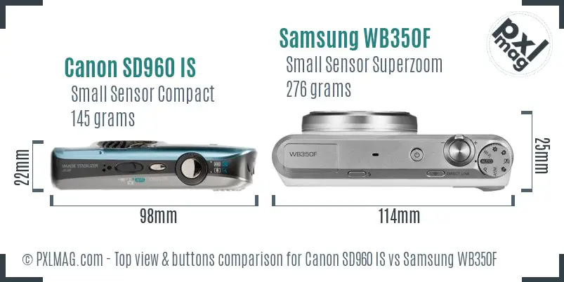 Canon SD960 IS vs Samsung WB350F top view buttons comparison
