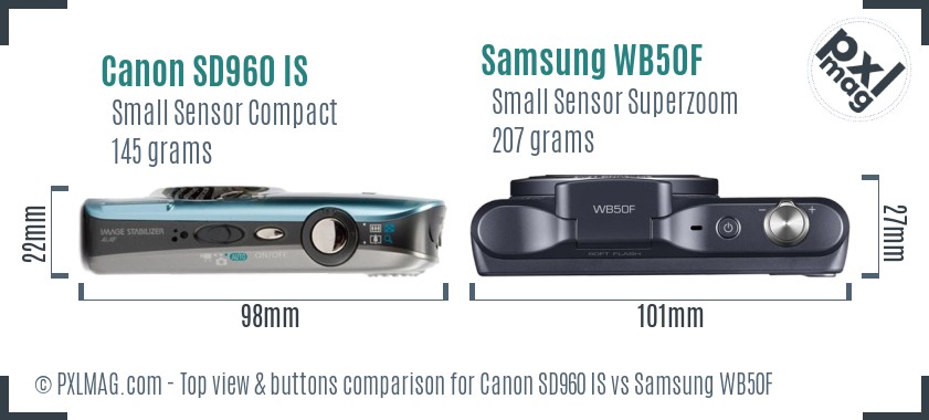 Canon SD960 IS vs Samsung WB50F top view buttons comparison