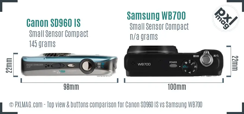 Canon SD960 IS vs Samsung WB700 top view buttons comparison