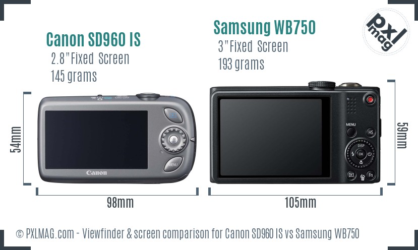 Canon SD960 IS vs Samsung WB750 Screen and Viewfinder comparison