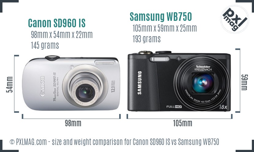 Canon SD960 IS vs Samsung WB750 size comparison Canon SD960 IS vs Samsung WB750 size comparison